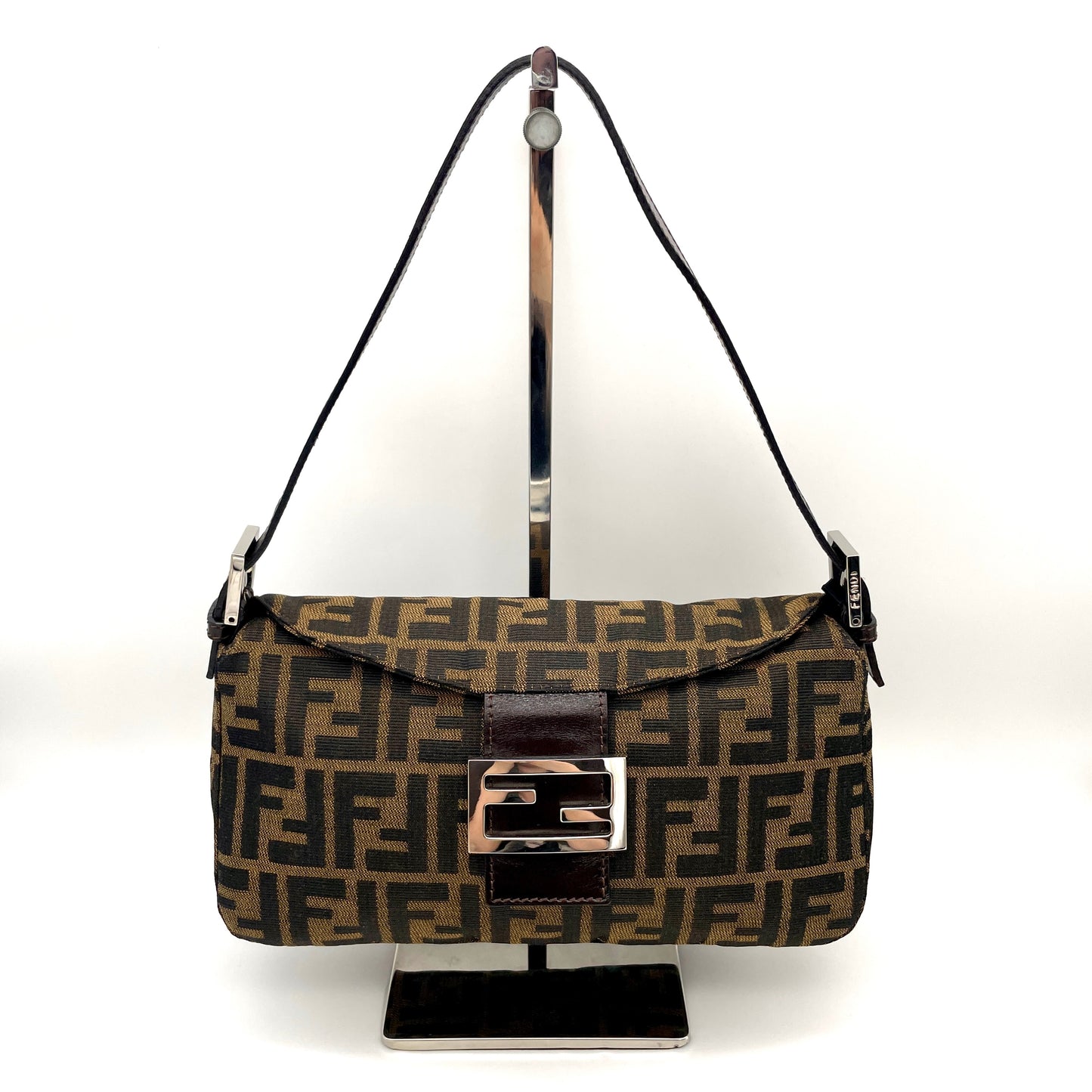 FENDI ZUCCA Yen Flap Mamma Bucket PM Shoulder Bag Brown Canvas Leather