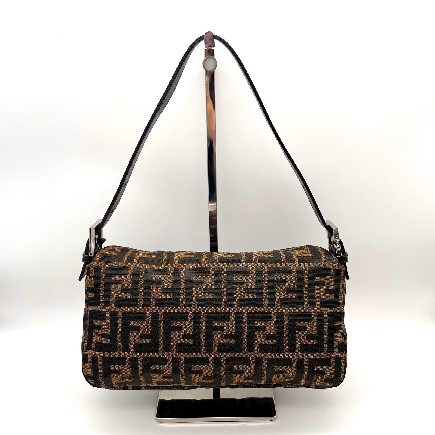 FENDI ZUCCA Yen Flap Mamma Bucket PM Shoulder Bag Brown Canvas Leather