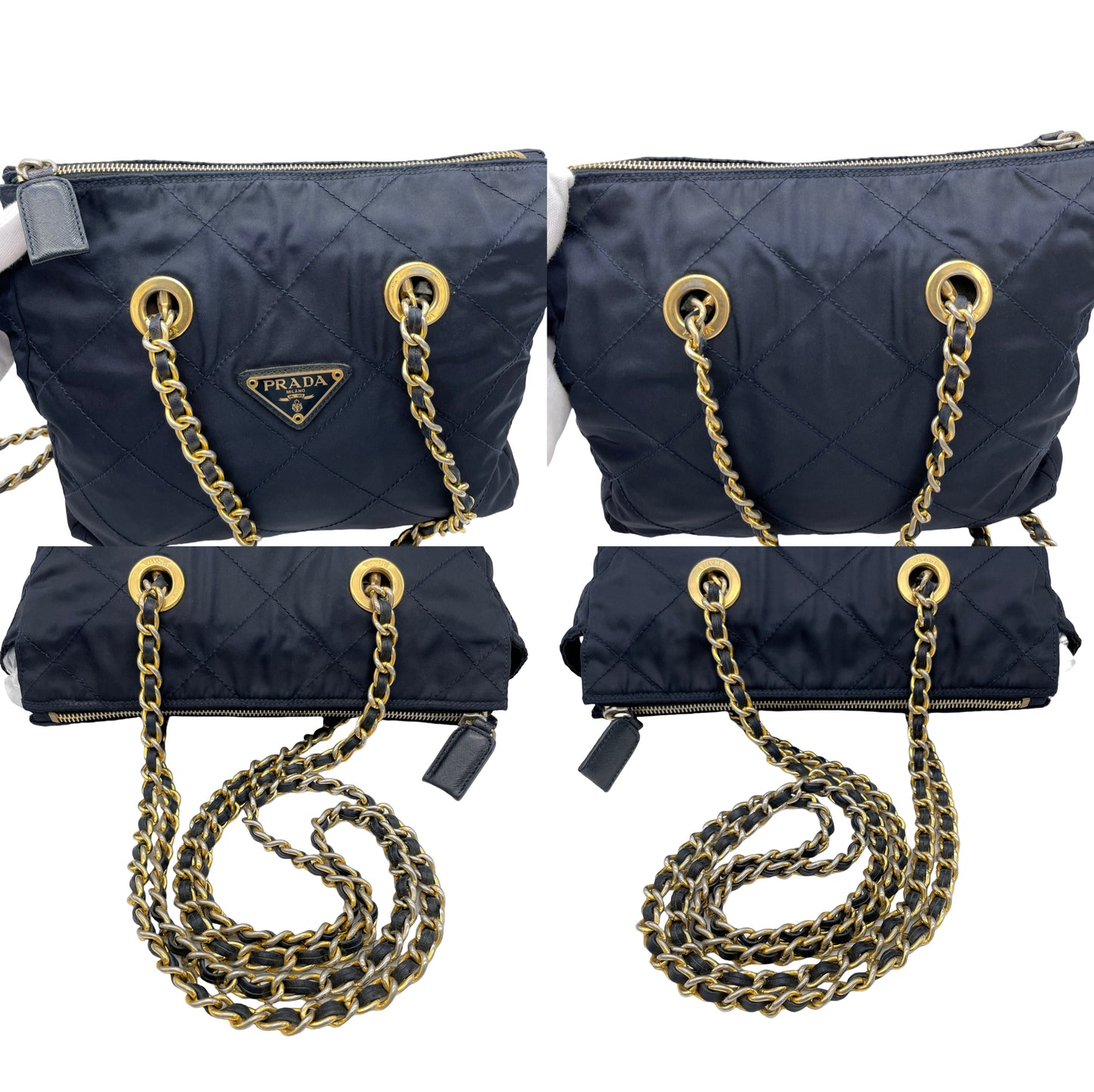 Prada triangle logo chain shoulder nylon tote bag in navy and gold