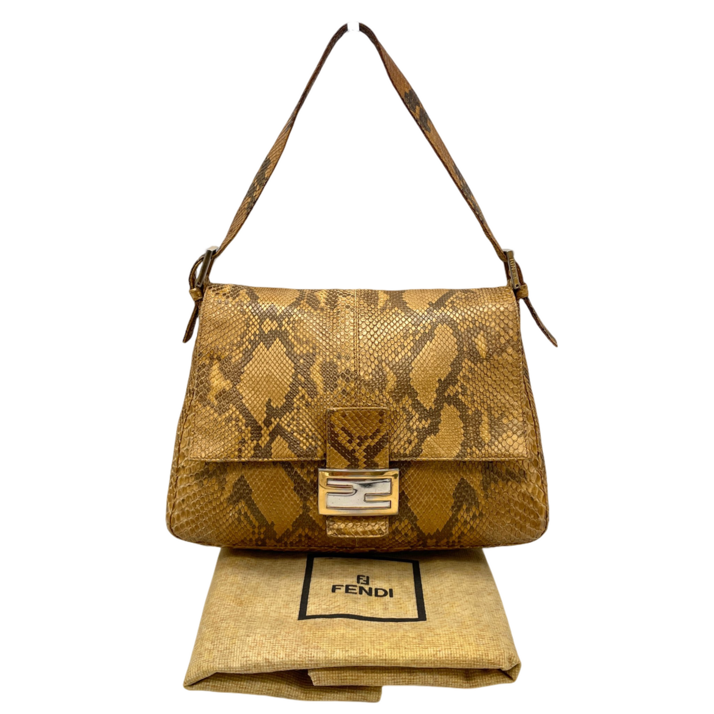 RARE☆☆☆☆FENDI Python Skin Leather Mamma Baguette Shoulder Bag GM Gold & Silver