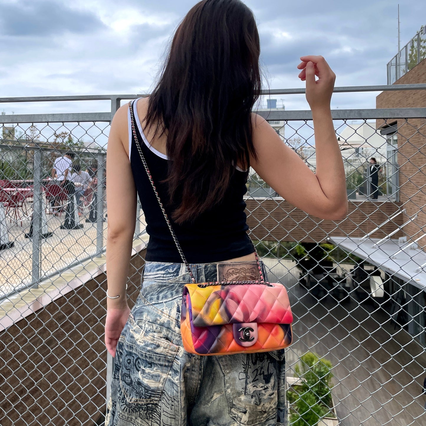 RARE☆☆☆☆☆CHANEL 2015 Limited Matelassé Flower Power Double Chain Mini Single Flap Bag Multicolor