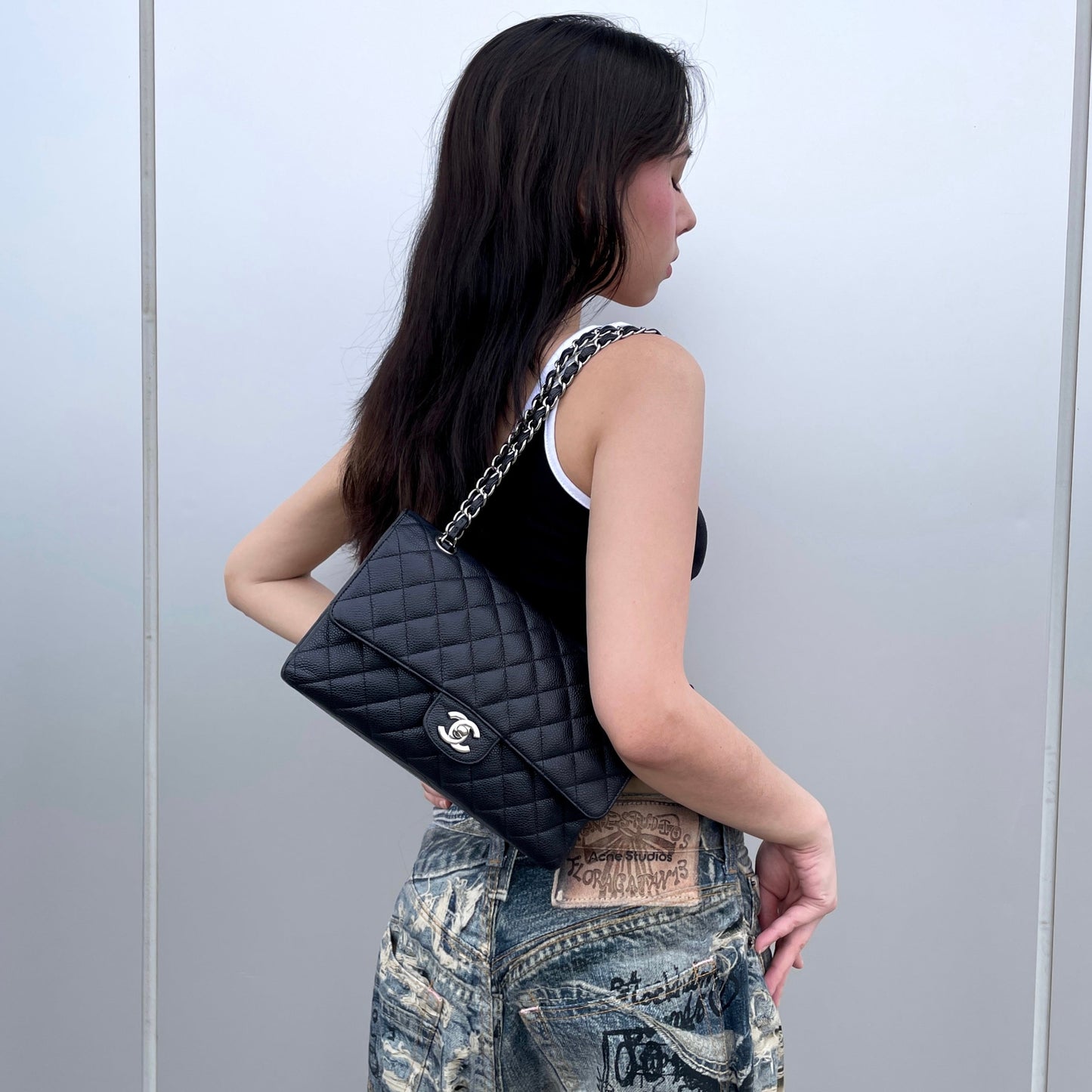 RARE☆☆☆CHANEL 2009 Matelassé Caviar Skin Leather Classic Double Chain Double Flap Bag 25cm Black &amp; Silver #