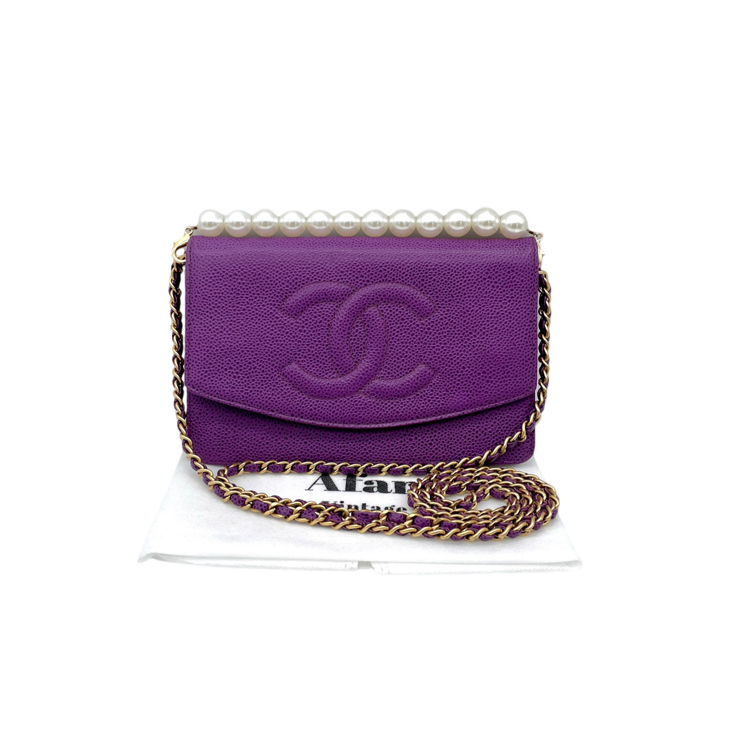 RARE☆☆☆CHANEL 2000 Jumbo CC Logo Caviar Skin Wallet On Chain Shoulder Flap Pouch Purple &amp; Gold