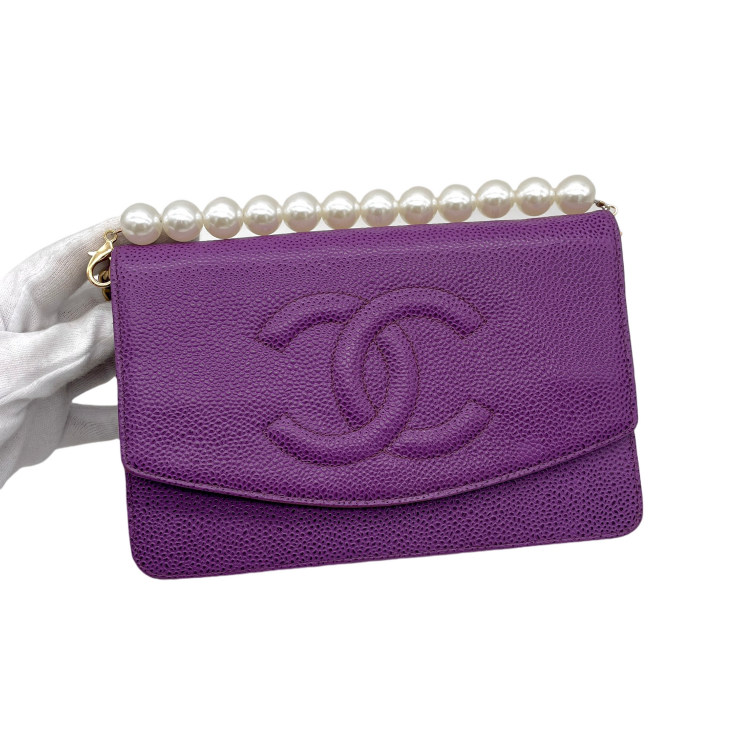 RARE☆☆☆CHANEL 2000 Jumbo CC Logo Caviar Skin Wallet On Chain Shoulder Flap Pouch Purple &amp; Gold