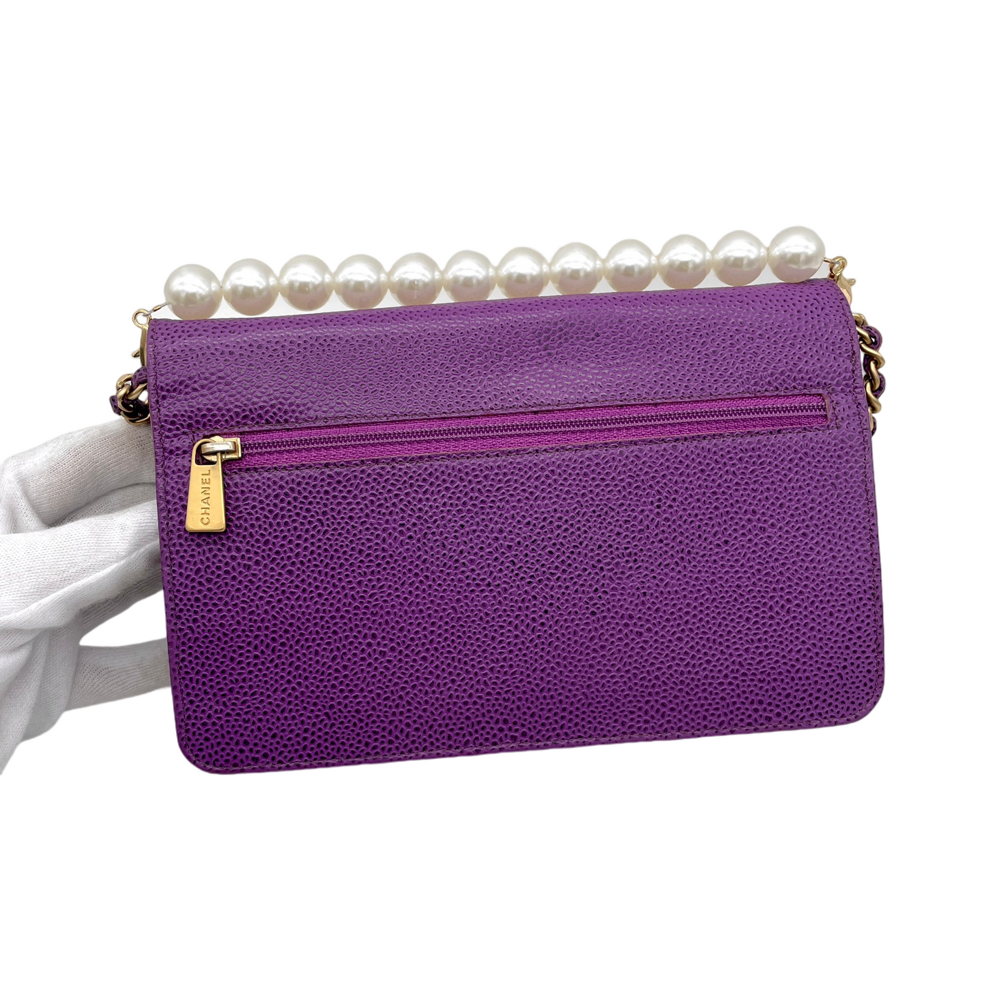 RARE☆☆☆CHANEL 2000 Jumbo CC Logo Caviar Skin Wallet On Chain Shoulder Flap Pouch Purple &amp; Gold