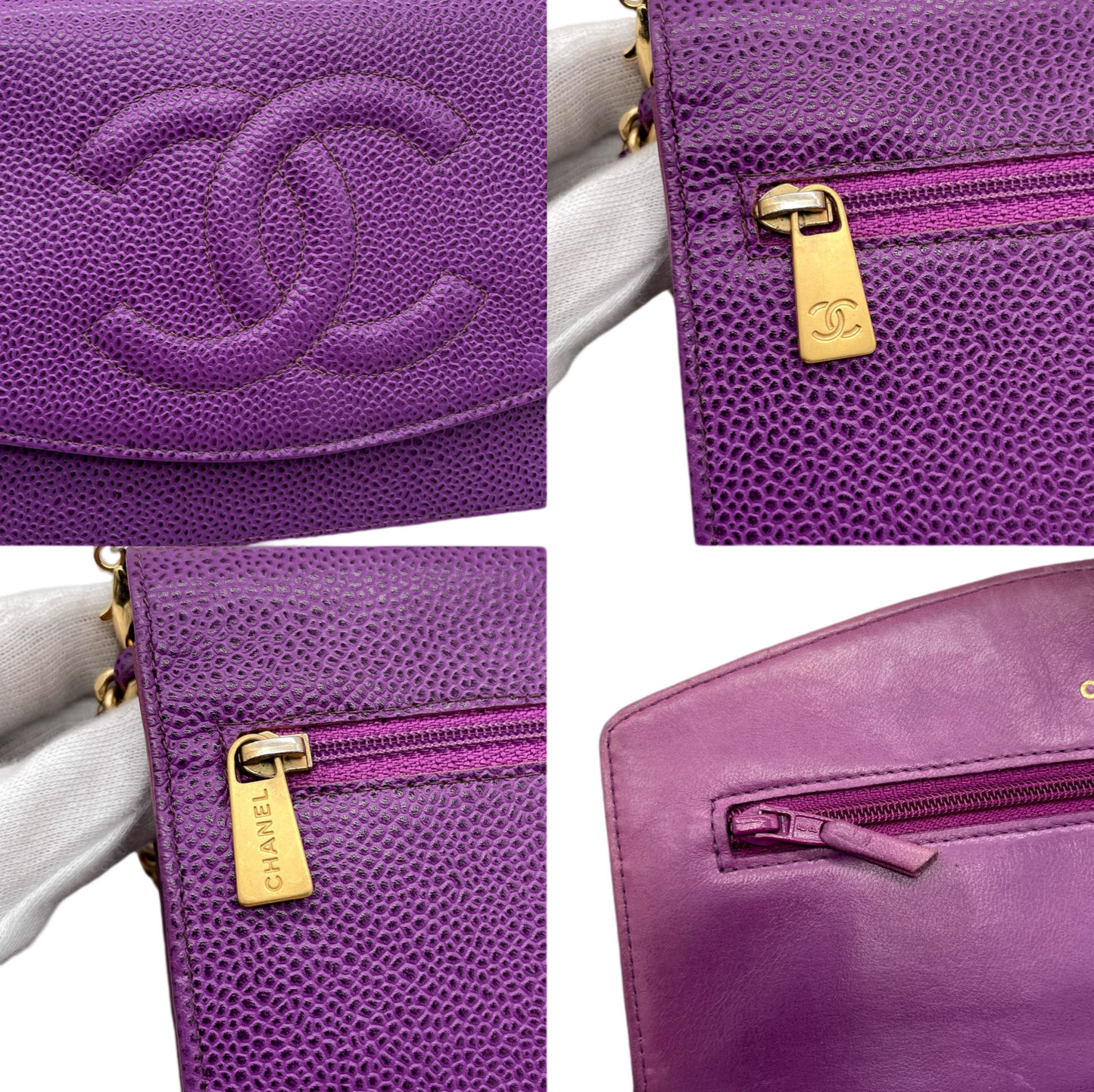 RARE☆☆☆CHANEL 2000 Jumbo CC Logo Caviar Skin Wallet On Chain Shoulder Flap Pouch Purple &amp; Gold