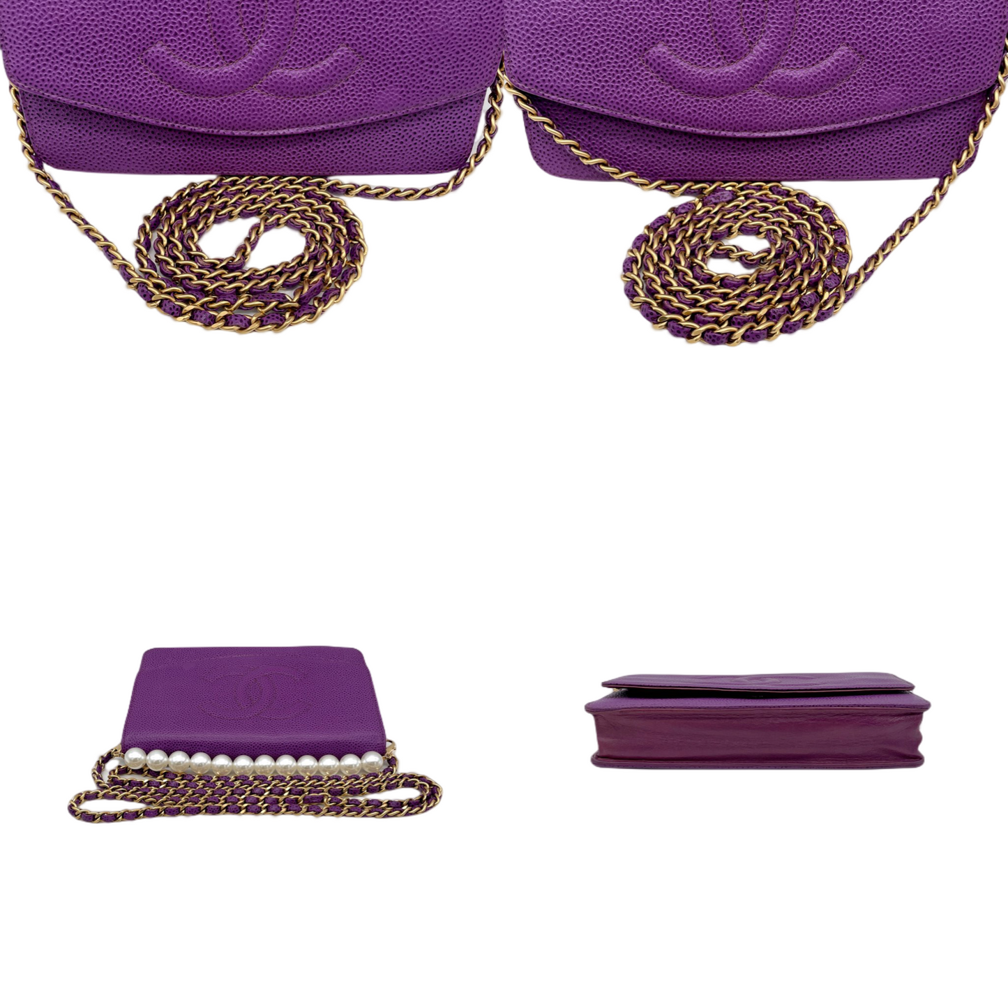 RARE☆☆☆CHANEL 2000 Jumbo CC Logo Caviar Skin Wallet On Chain Shoulder Flap Pouch Purple &amp; Gold