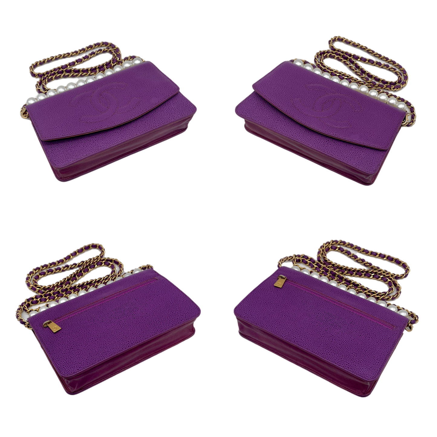 RARE☆☆☆CHANEL 2000 Jumbo CC Logo Caviar Skin Wallet On Chain Shoulder Flap Pouch Purple &amp; Gold