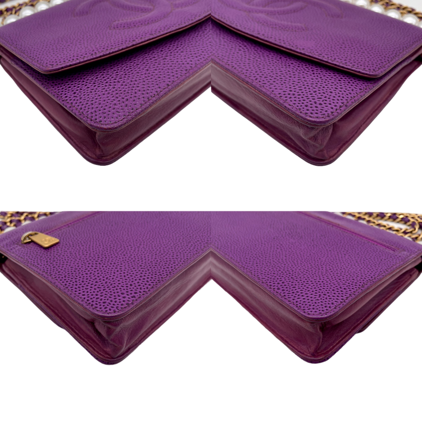 RARE☆☆☆CHANEL 2000 Jumbo CC Logo Caviar Skin Wallet On Chain Shoulder Flap Pouch Purple &amp; Gold