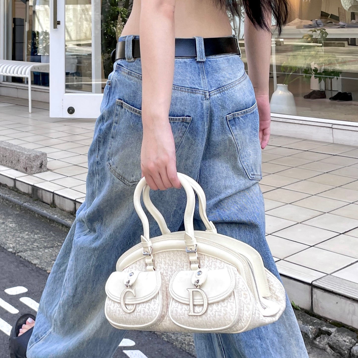 RARE★★★★CHRISTIAN DIOR 2005 SS Trotter Canvas Leather CD Pendant Detective Top Handle Bag Medium White/Silver