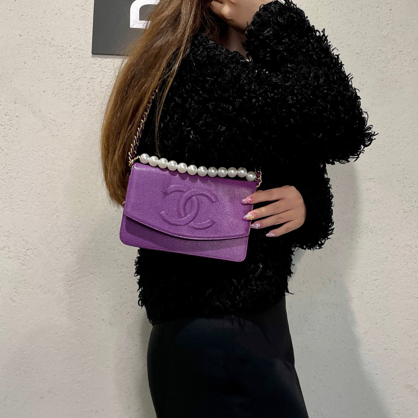 RARE☆☆☆CHANEL 2000 Jumbo CC Logo Caviar Skin Wallet On Chain Shoulder Flap Pouch Purple &amp; Gold