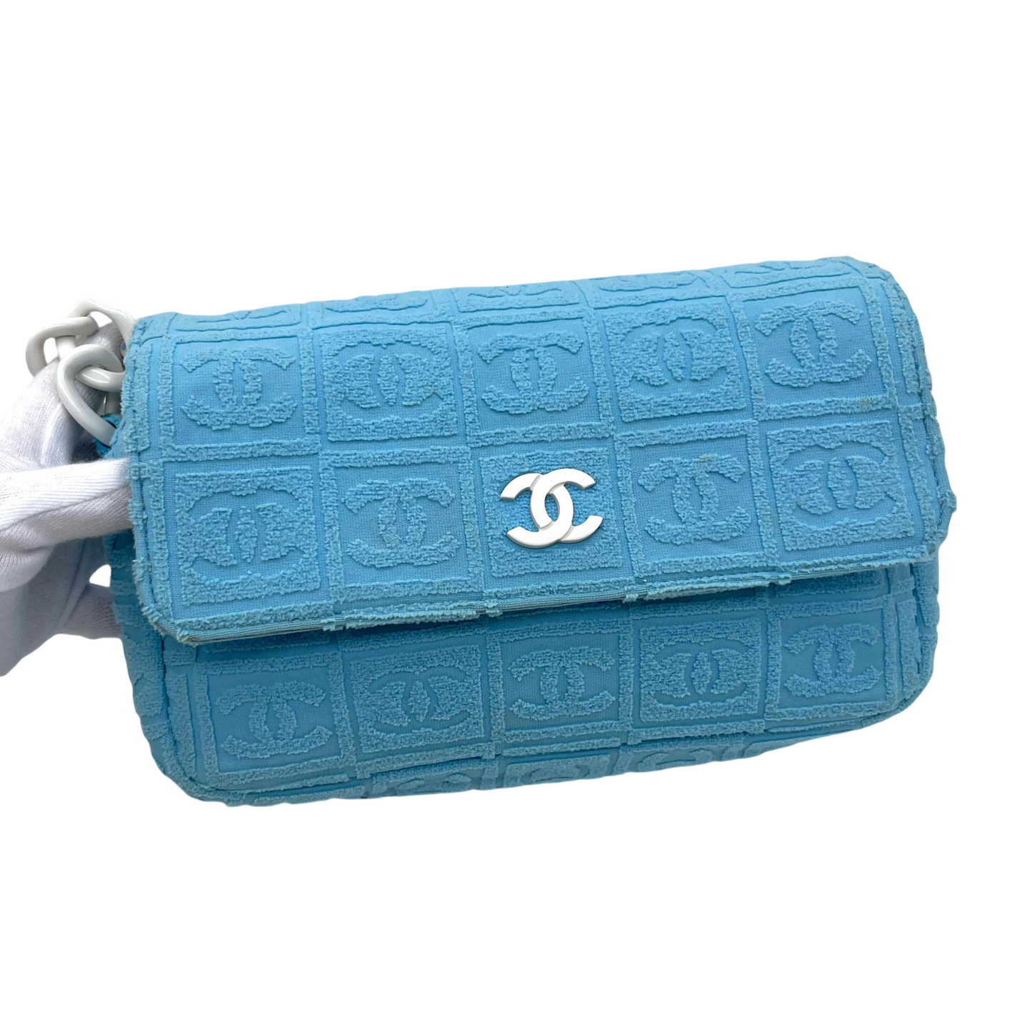 RARE☆☆☆☆CHANEL 2001 CC LOGOS Flocking Acrylic Chain Shoulder Single Flap Bag Baby Blue &amp; White