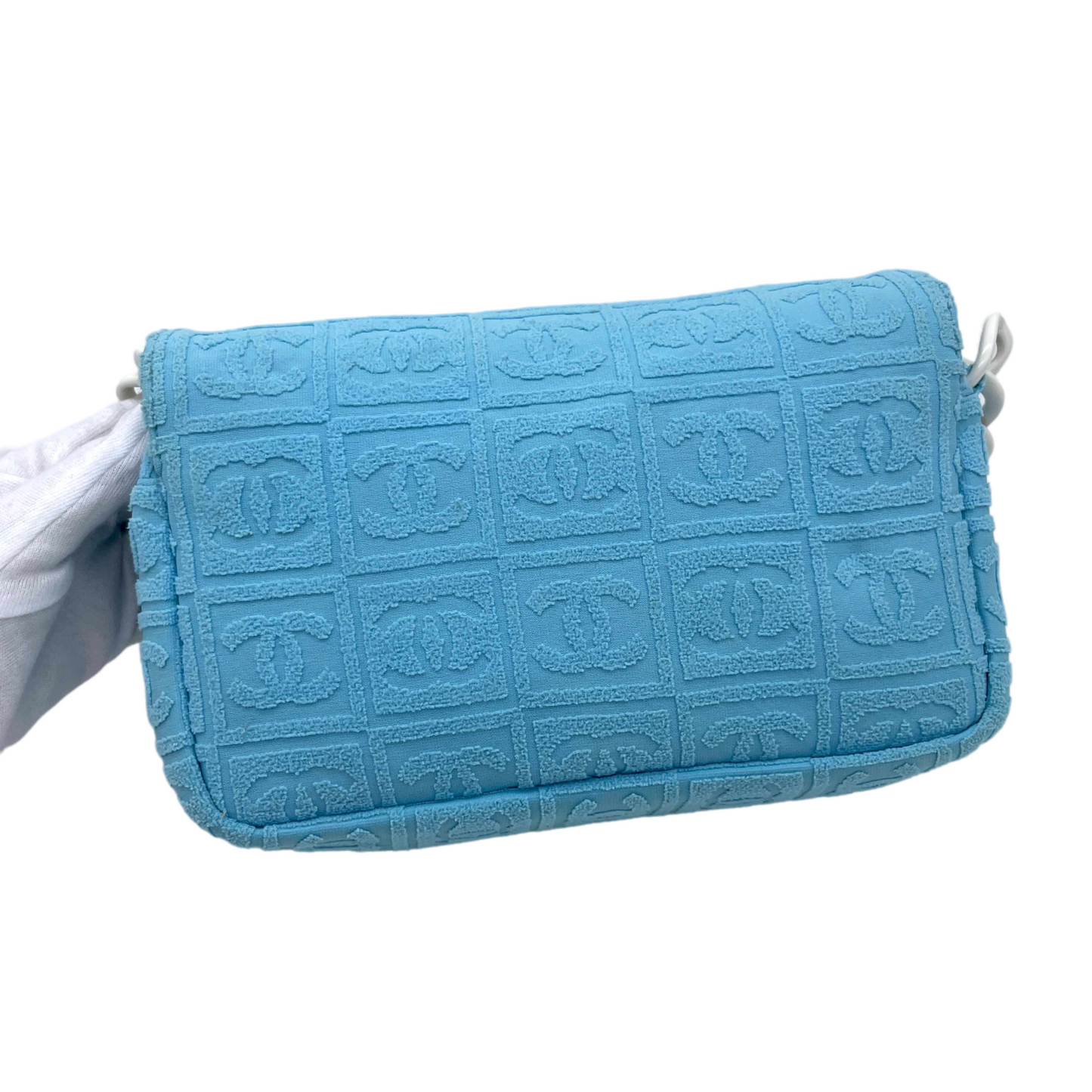 RARE☆☆☆☆CHANEL 2001 CC LOGOS Flocking Acrylic Chain Shoulder Single Flap Bag Baby Blue &amp; White