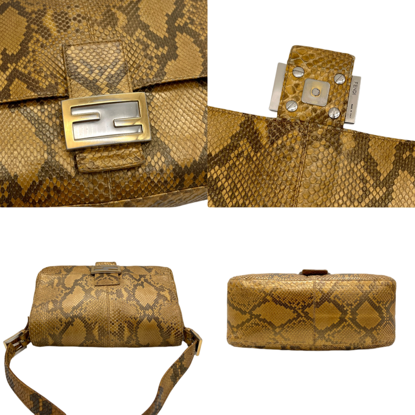 RARE☆☆☆☆FENDI Python Skin Leather Mamma Baguette Shoulder Bag GM Gold & Silver