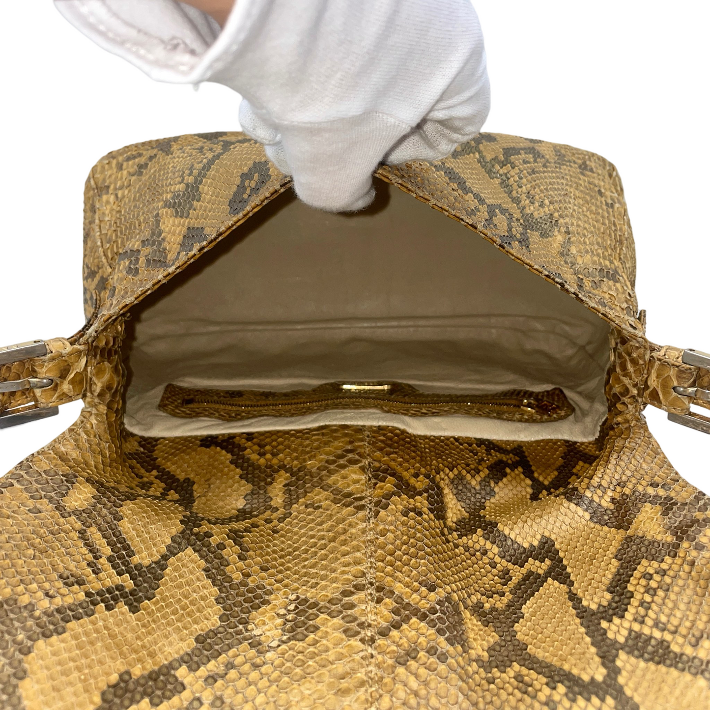 RARE☆☆☆☆FENDI Python Skin Leather Mamma Baguette Shoulder Bag GM Gold & Silver