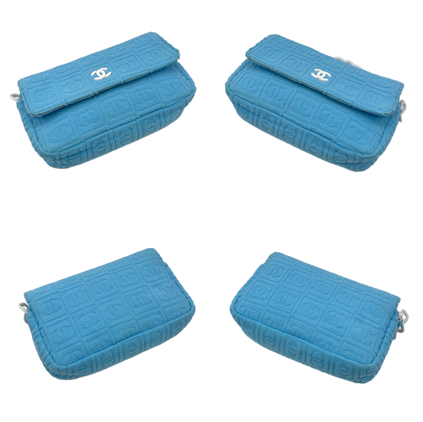 RARE☆☆☆☆CHANEL 2001 CC LOGOS Flocking Acrylic Chain Shoulder Single Flap Bag Baby Blue &amp; White