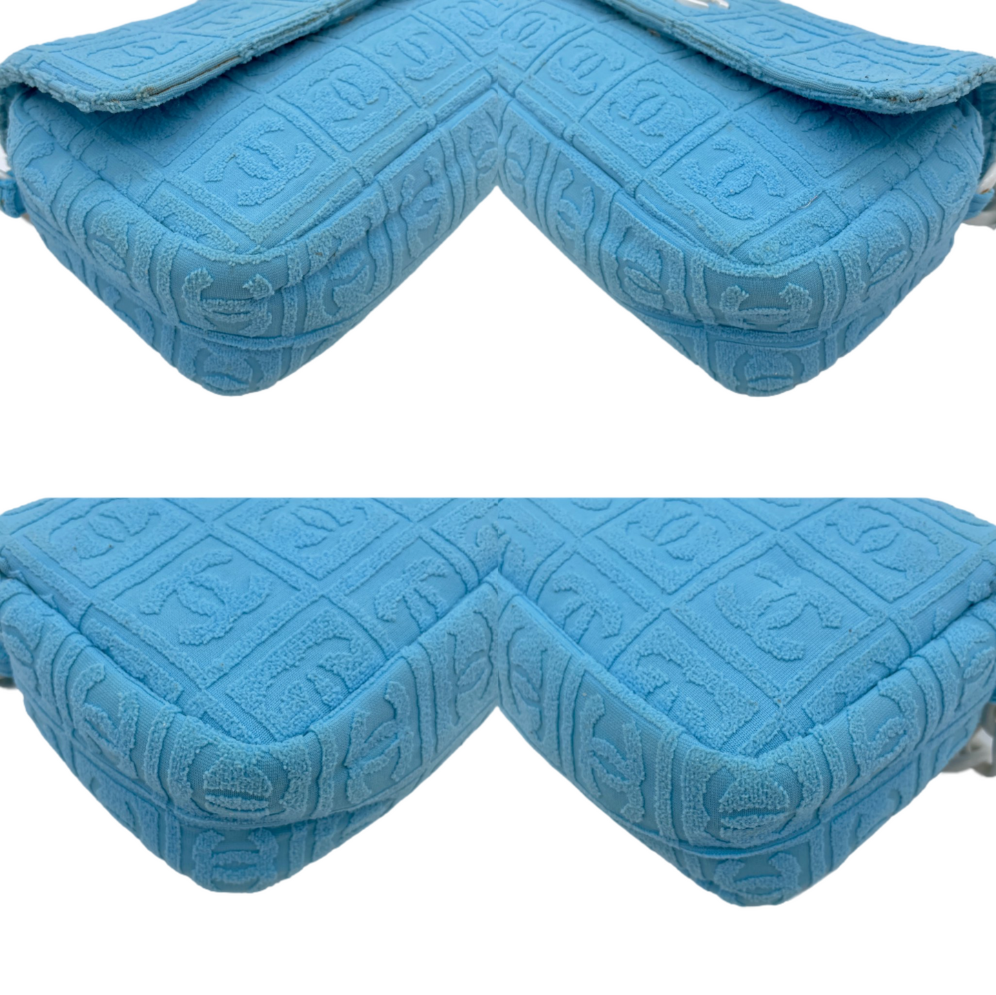 RARE☆☆☆☆CHANEL 2001 CC LOGOS Flocking Acrylic Chain Shoulder Single Flap Bag Baby Blue &amp; White