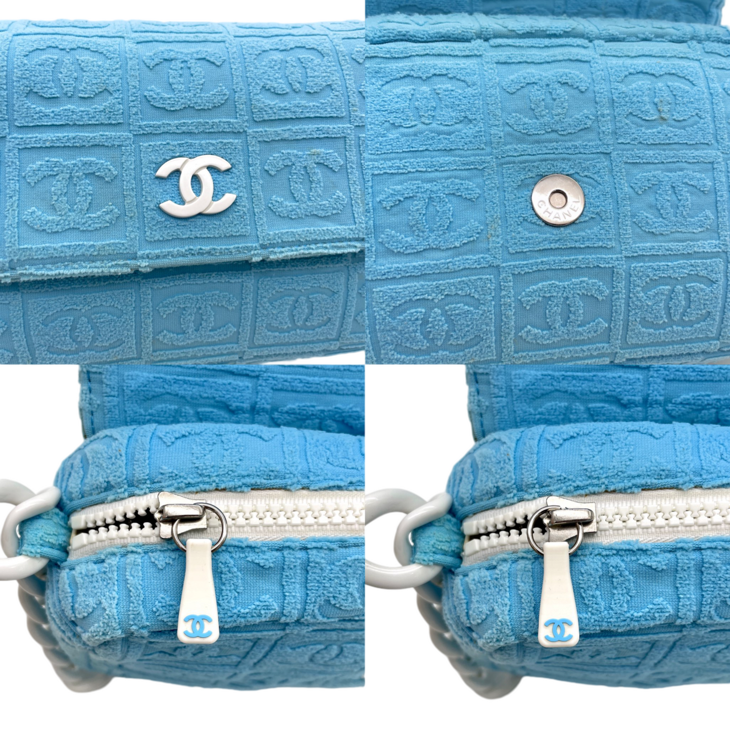 RARE☆☆☆☆CHANEL 2001 CC LOGOS Flocking Acrylic Chain Shoulder Single Flap Bag Baby Blue &amp; White