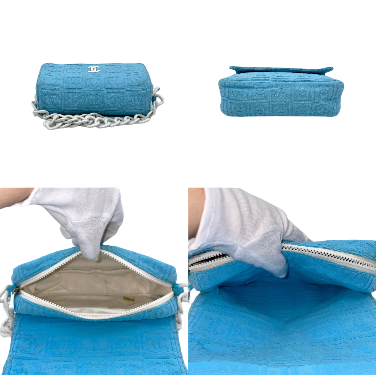 RARE☆☆☆☆CHANEL 2001 CC LOGOS Flocking Acrylic Chain Shoulder Single Flap Bag Baby Blue &amp; White