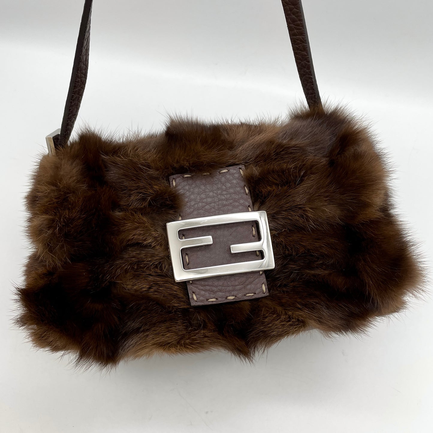 RARE☆☆☆☆☆FENDI Selleria Mink Fur Mini Mamma Baguette Shoulder Bag Brown & Silver