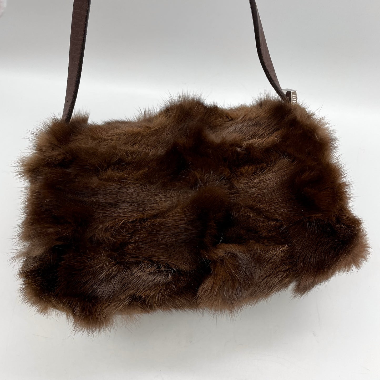 RARE☆☆☆☆☆FENDI Selleria Mink Fur Mini Mamma Baguette Shoulder Bag Brown & Silver