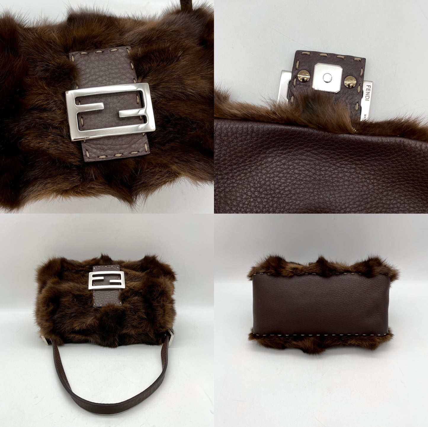 RARE☆☆☆☆☆FENDI Selleria Mink Fur Mini Mamma Baguette Shoulder Bag Brown & Silver