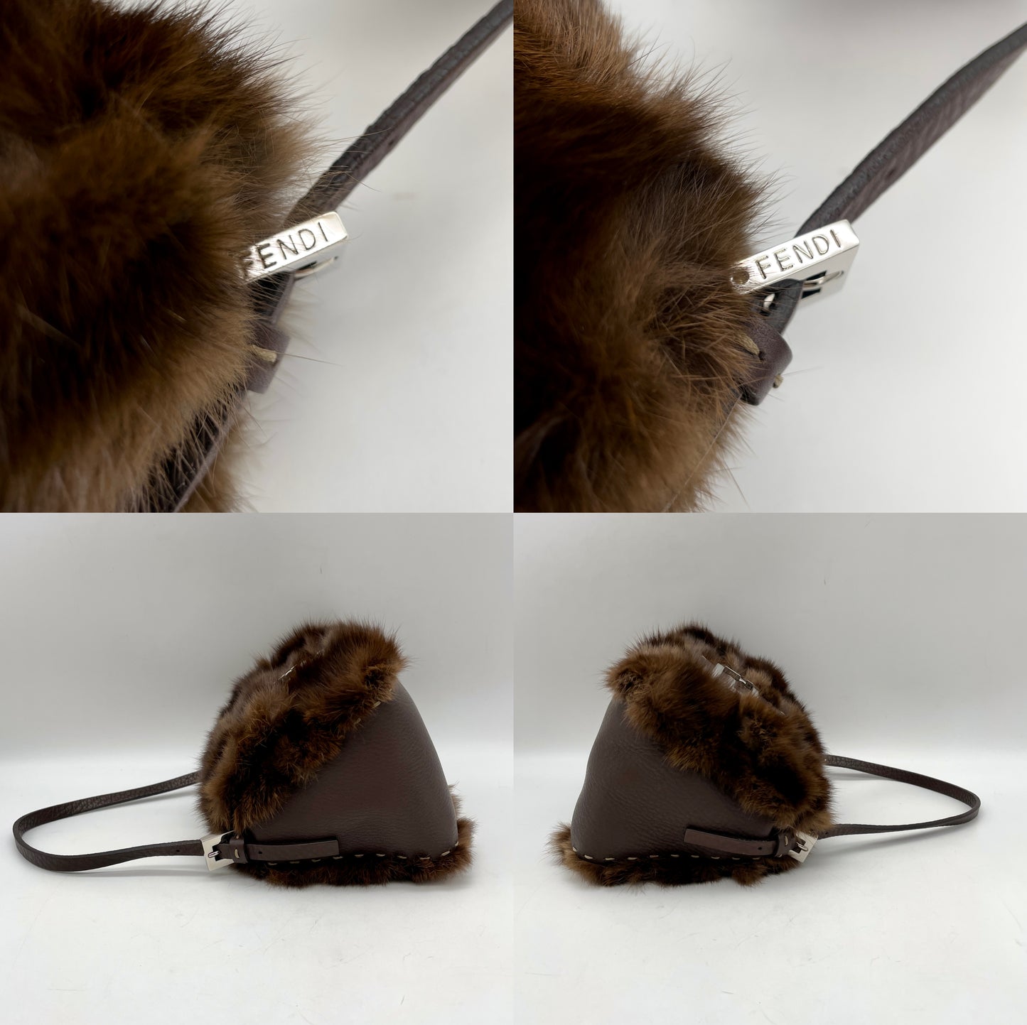 RARE☆☆☆☆☆FENDI Selleria Mink Fur Mini Mamma Baguette Shoulder Bag Brown & Silver