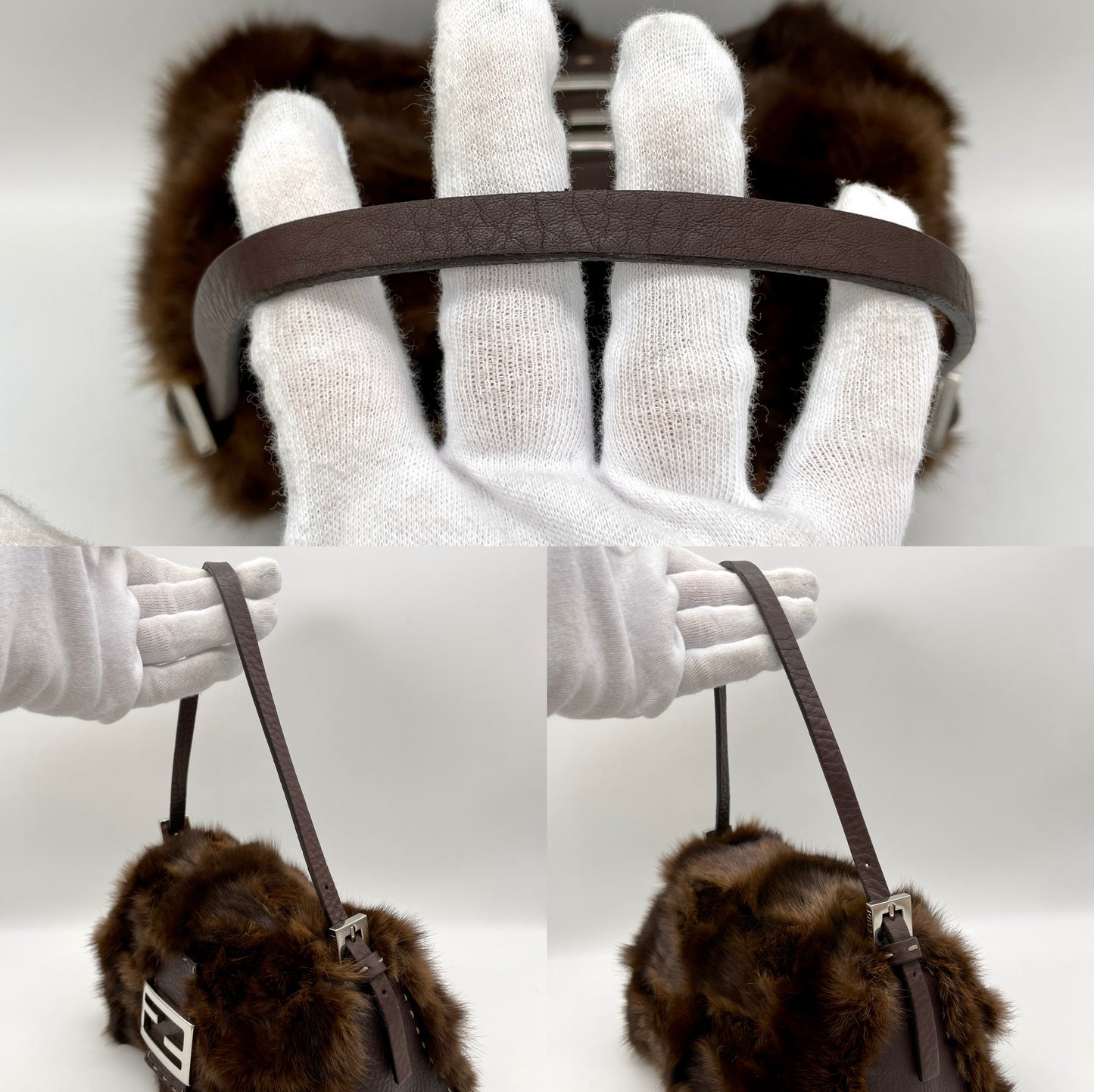 RARE☆☆☆☆☆FENDI Selleria Mink Fur Mini Mamma Baguette Shoulder Bag Brown & Silver