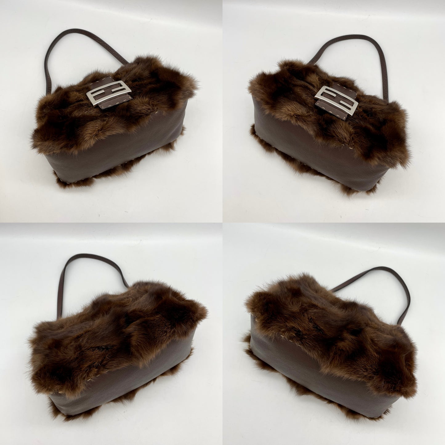 RARE☆☆☆☆☆FENDI Selleria Mink Fur Mini Mamma Baguette Shoulder Bag Brown & Silver