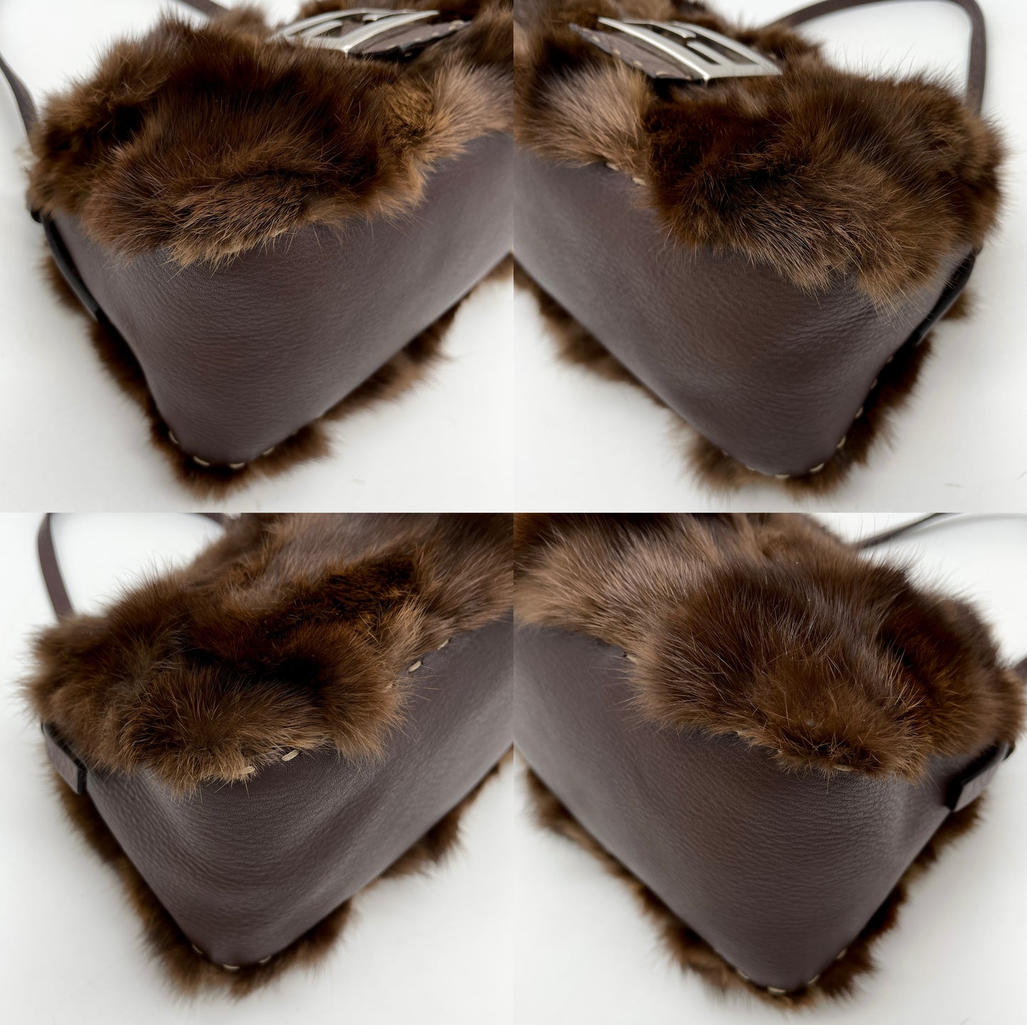 RARE☆☆☆☆☆FENDI Selleria Mink Fur Mini Mamma Baguette Shoulder Bag Brown & Silver