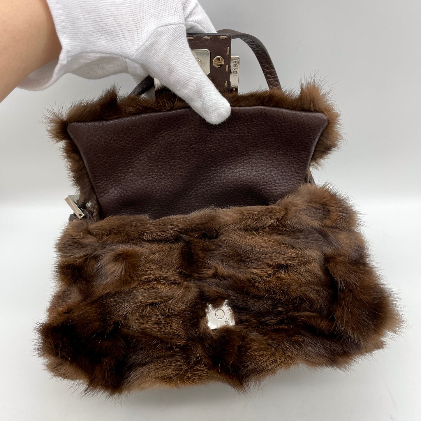 RARE☆☆☆☆☆FENDI Selleria Mink Fur Mini Mamma Baguette Shoulder Bag Brown & Silver