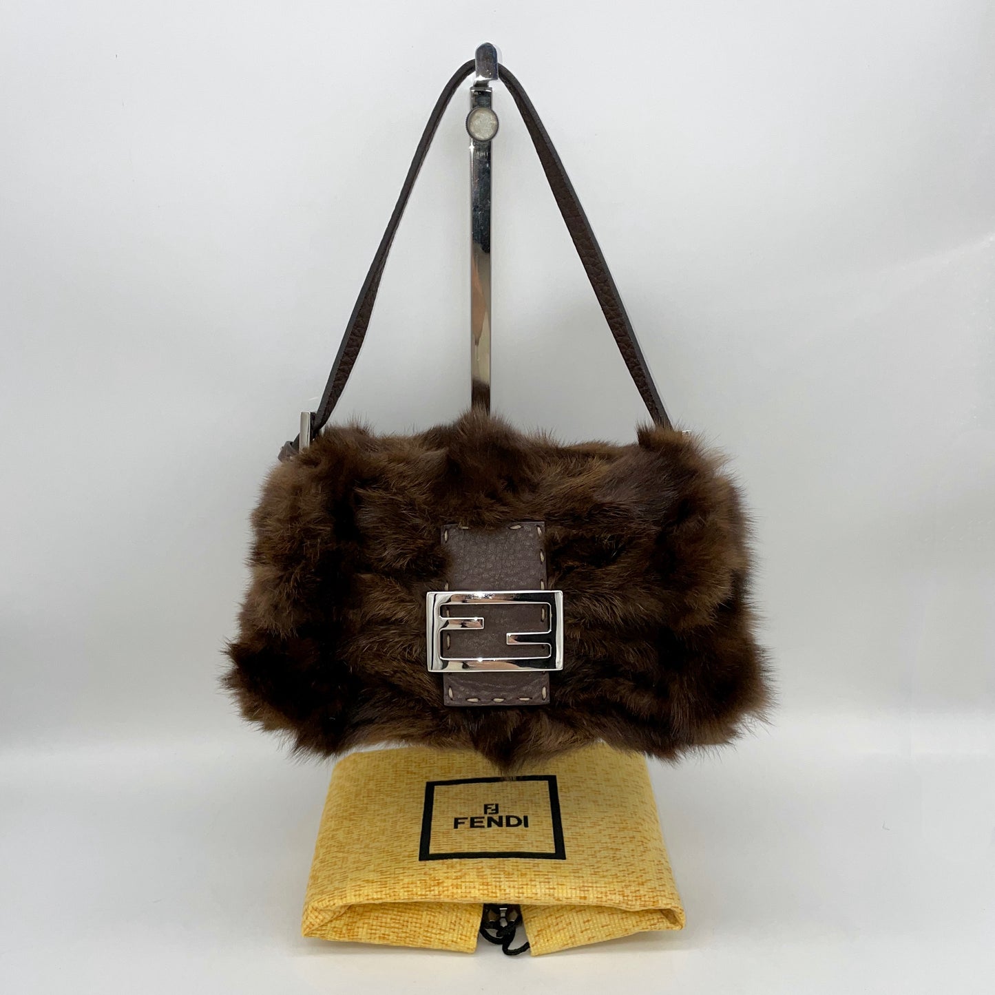 RARE☆☆☆☆☆FENDI Selleria Mink Fur Mini Mamma Baguette Shoulder Bag Brown & Silver