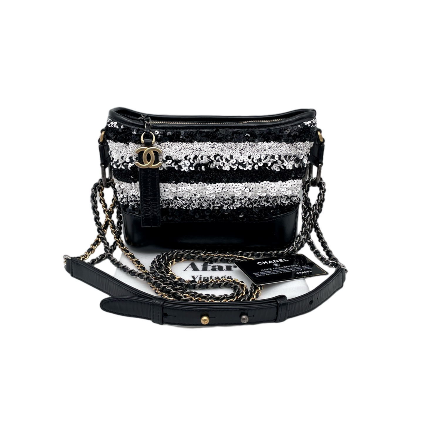 RARE☆☆☆CHANEL Gabrielle de Chanel Line Double Chains Shoulder Bag Black &amp; White