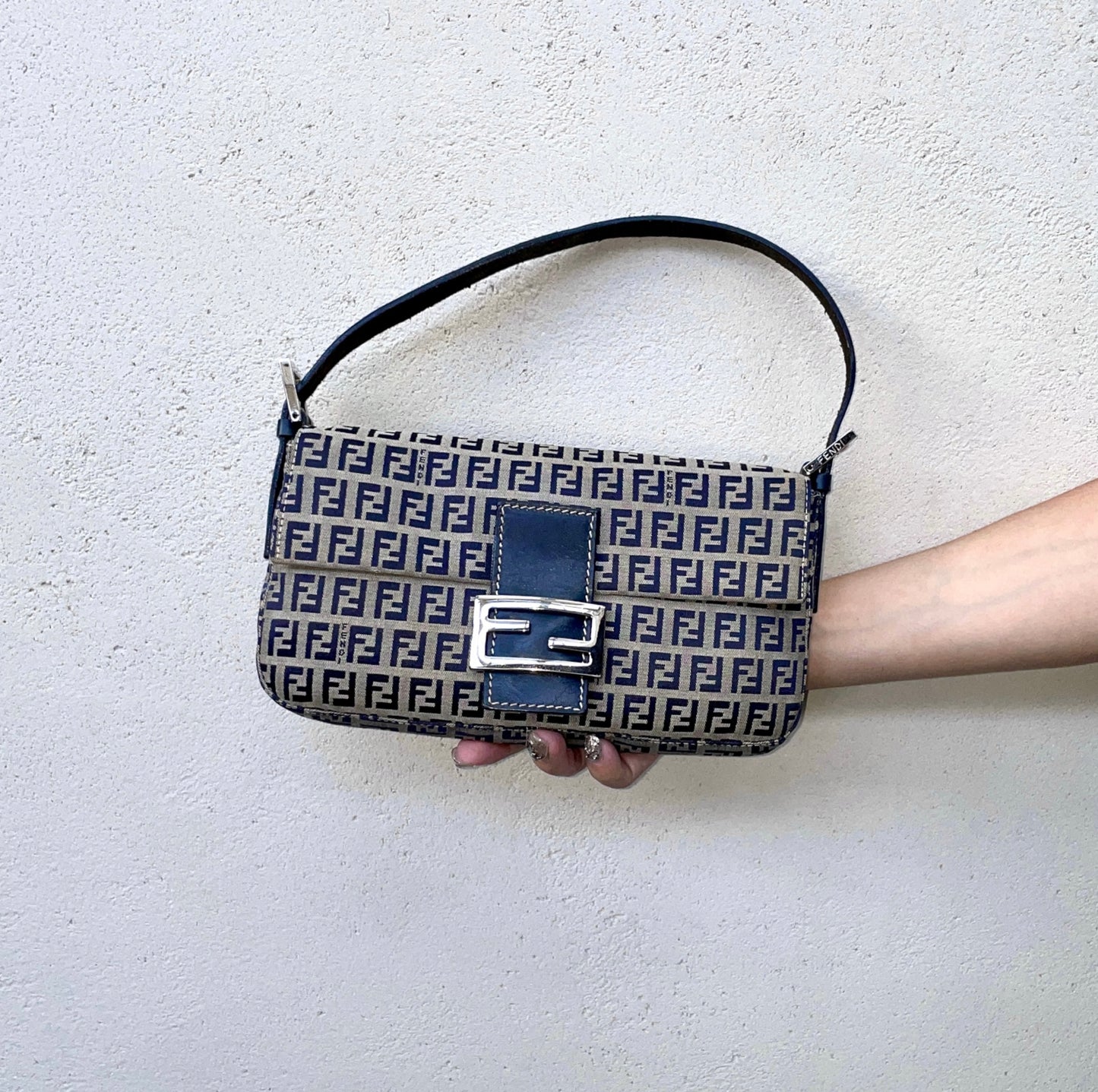 FENDI Zucchino Canvas Mamma Baguette PM Shoulder Bag Navy &amp; Silver