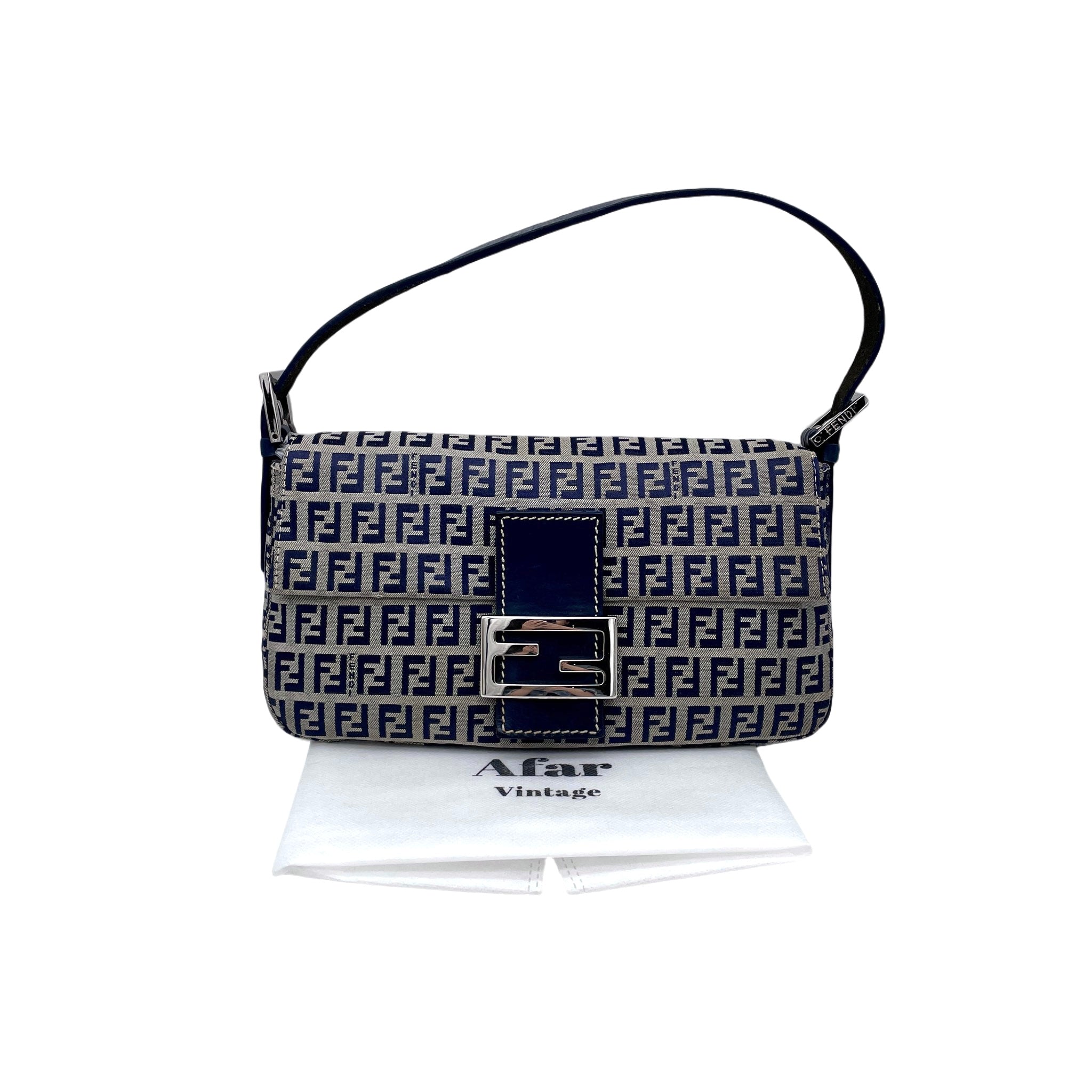 FENDI Zucchino Canvas Mamma Baguette PM Shoulder Bag Navy &amp