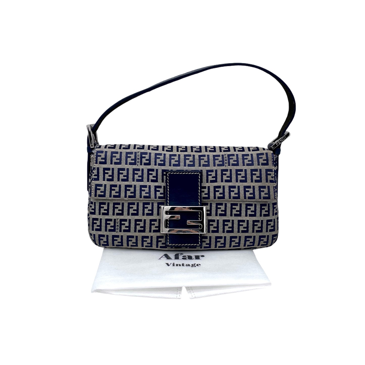 FENDI Zucchino Canvas Mamma Baguette PM Shoulder Bag Navy &amp; Silver