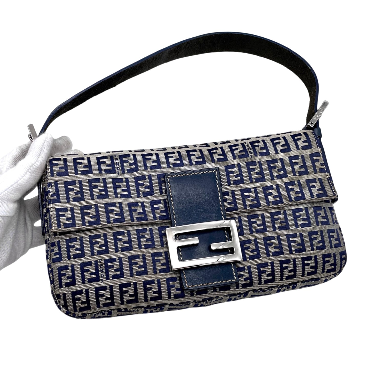 FENDI Zucchino Canvas Mamma Baguette PM Shoulder Bag Navy &amp; Silver