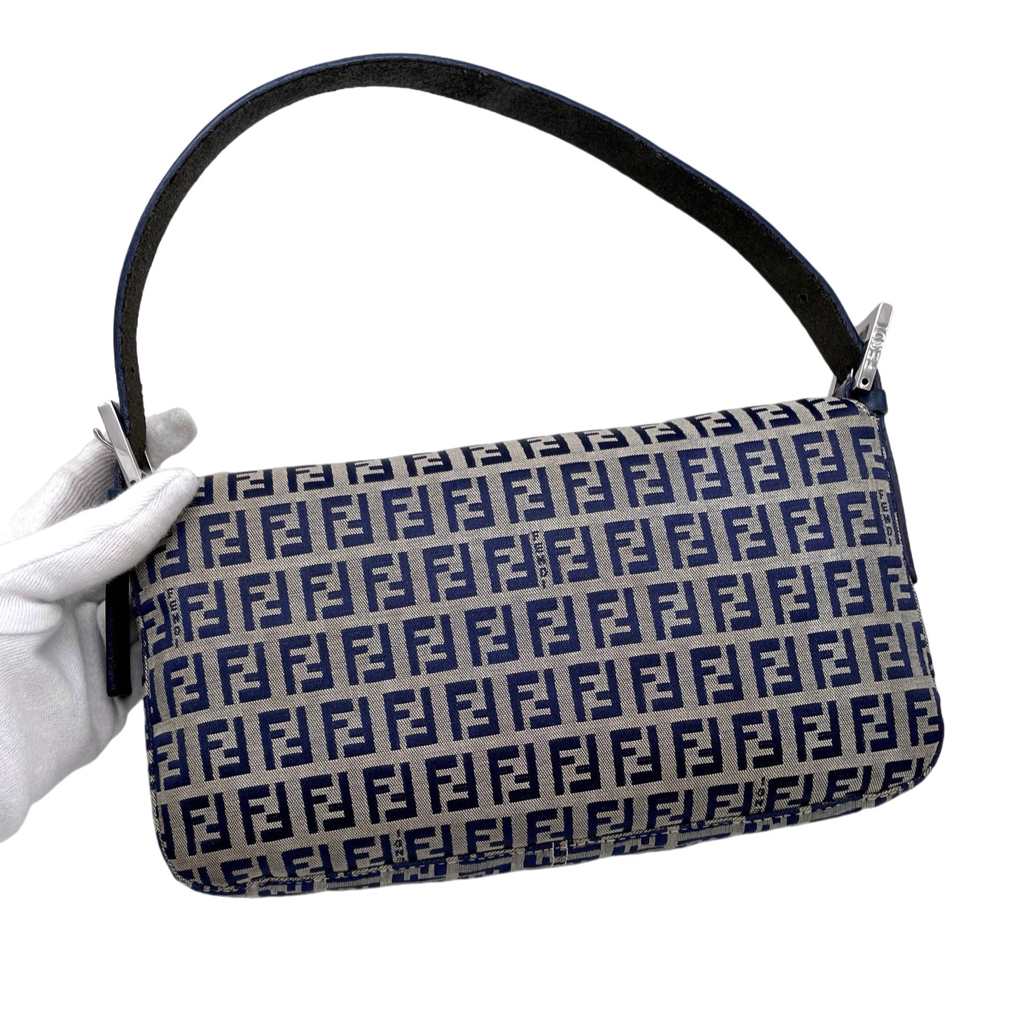 FENDI Zucchino Canvas Mamma Baguette PM Shoulder Bag Navy &amp; Silver
