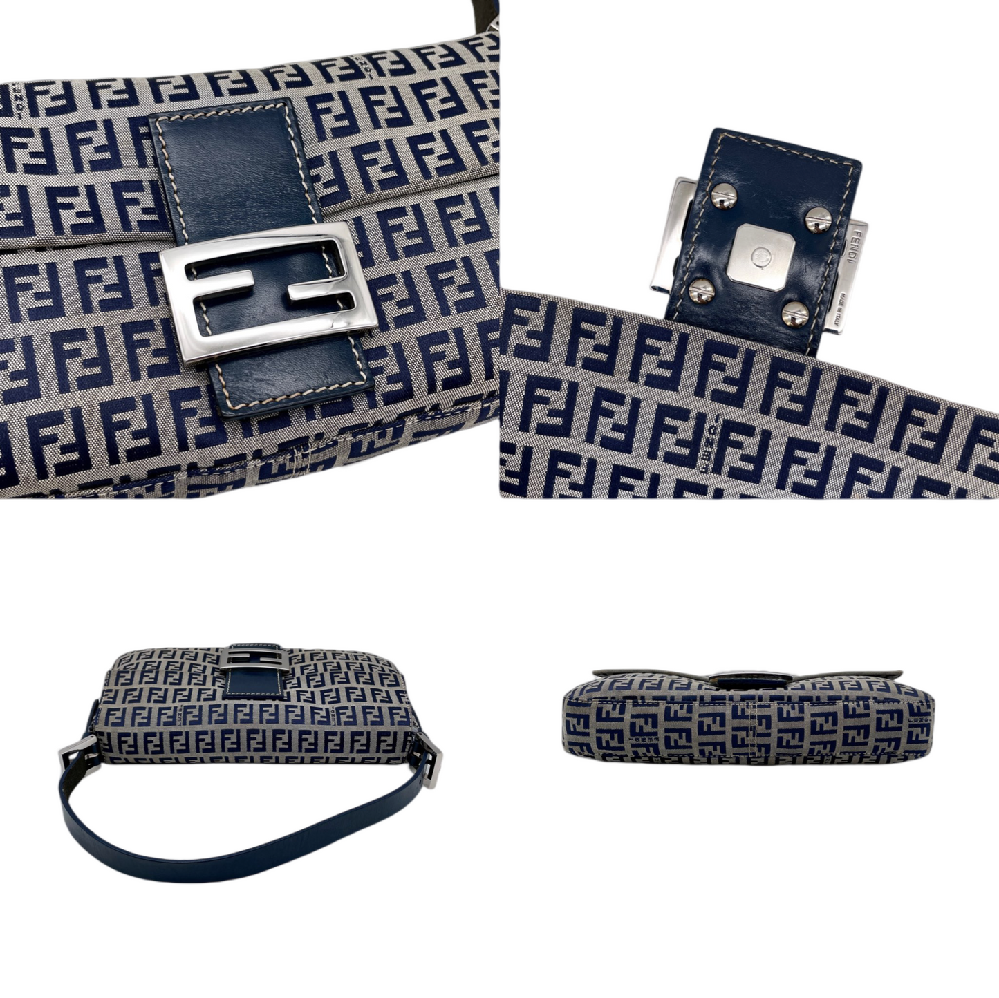 FENDI Zucchino Canvas Mamma Baguette PM Shoulder Bag Navy &amp; Silver