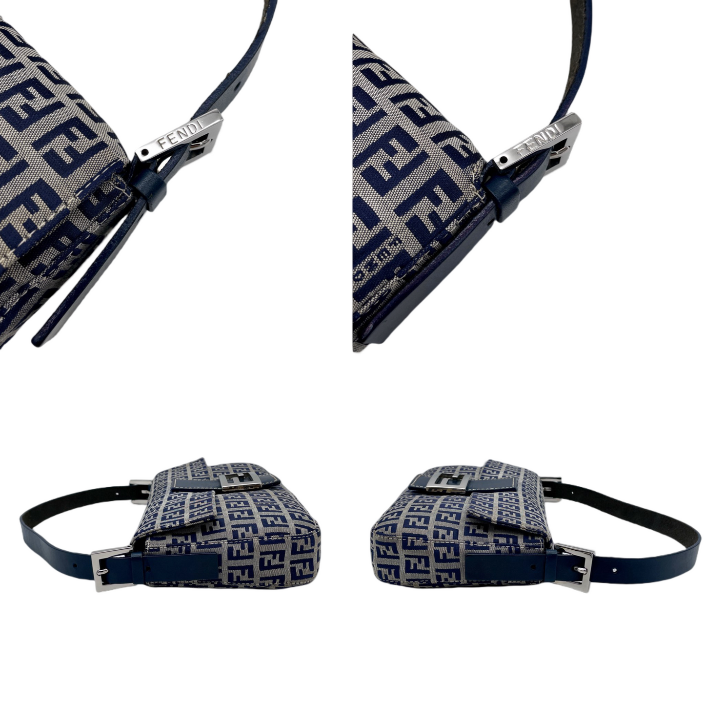 FENDI Zucchino Canvas Mamma Baguette PM Shoulder Bag Navy &amp; Silver