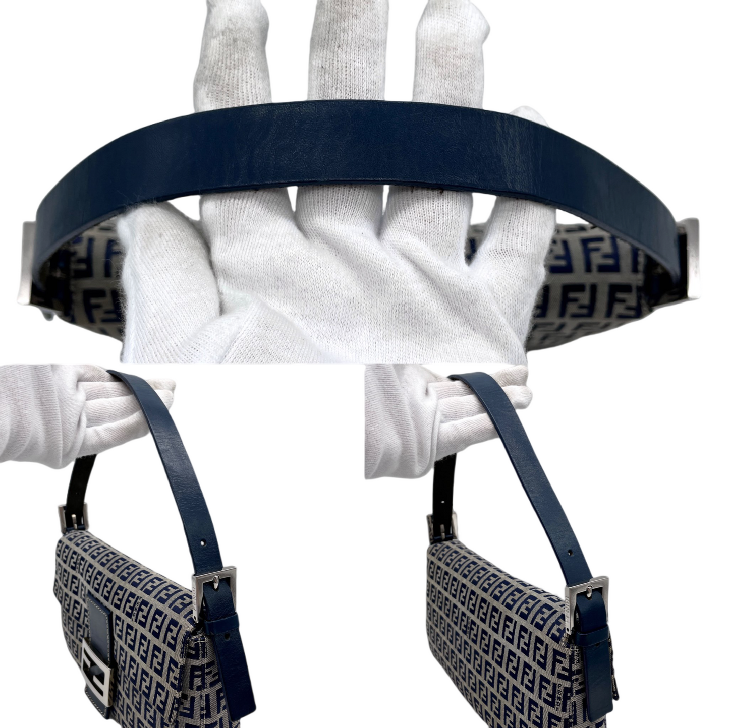 FENDI Zucchino Canvas Mamma Baguette PM Shoulder Bag Navy &amp; Silver