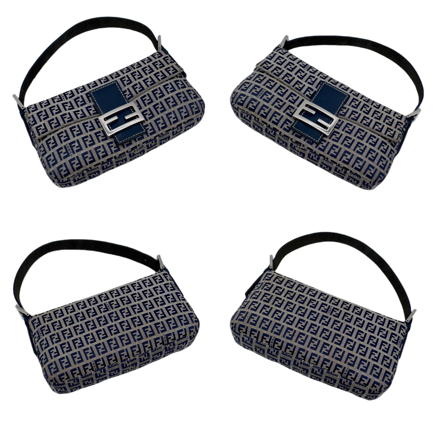 FENDI Zucchino Canvas Mamma Baguette PM Shoulder Bag Navy &amp; Silver