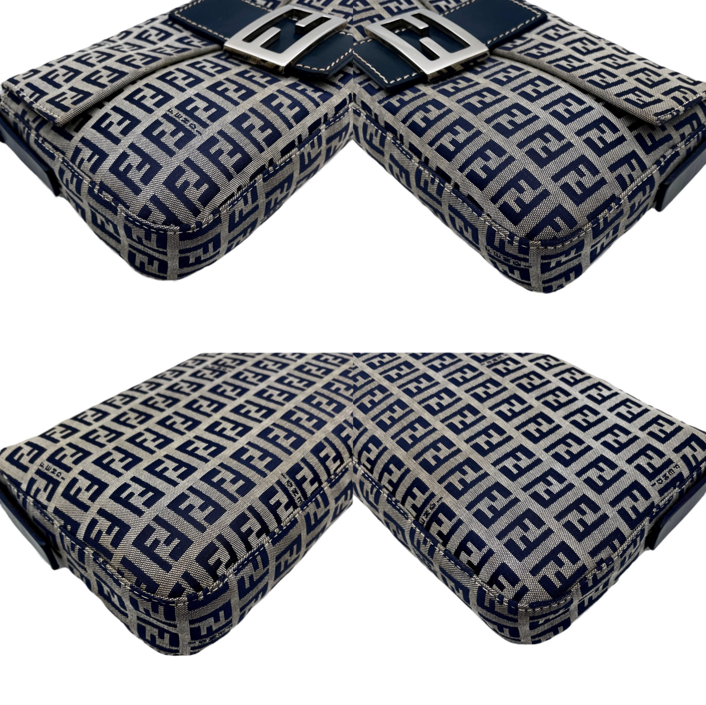 FENDI Zucchino Canvas Mamma Baguette PM Shoulder Bag Navy &amp; Silver