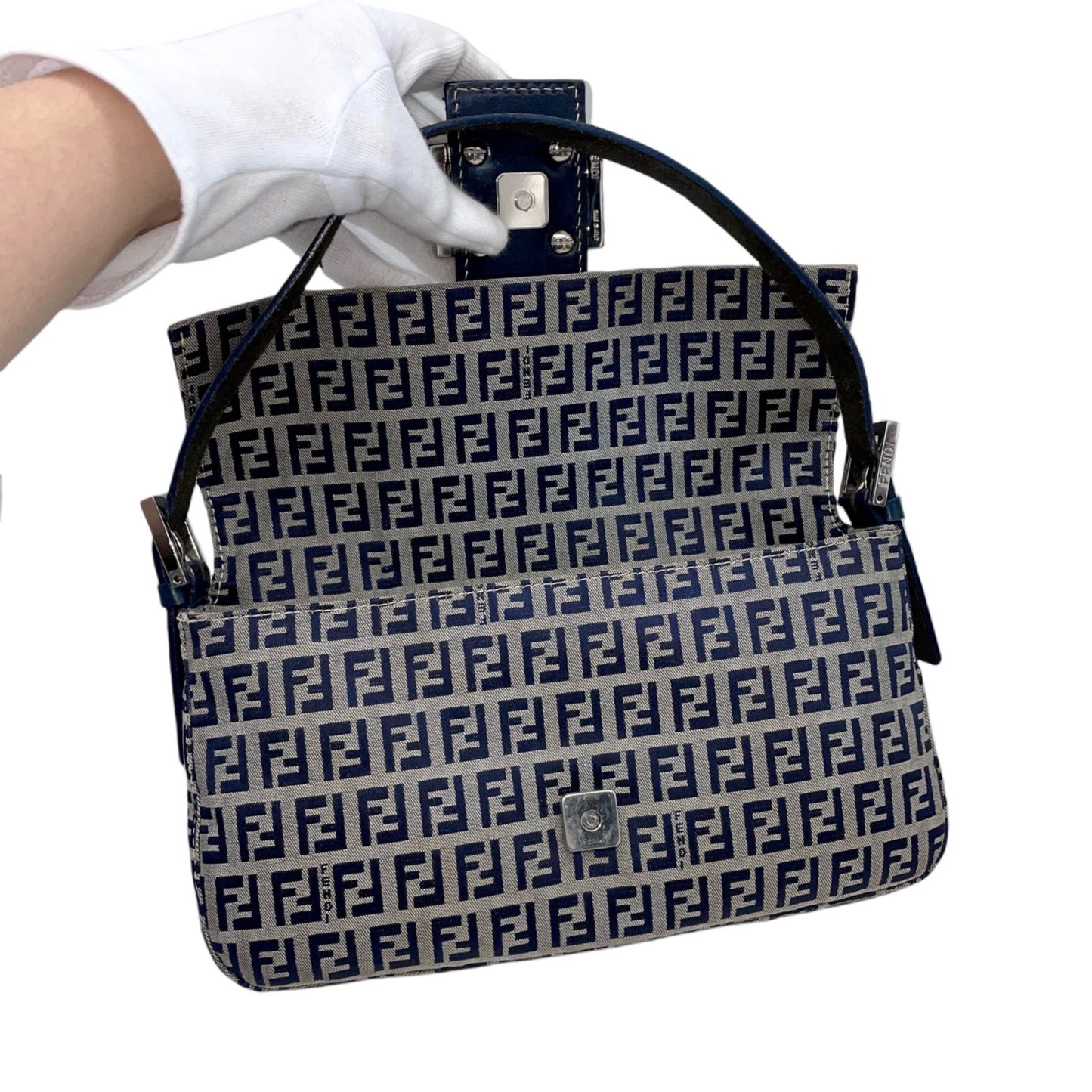 FENDI Zucchino Canvas Mamma Baguette PM Shoulder Bag Navy &amp; Silver