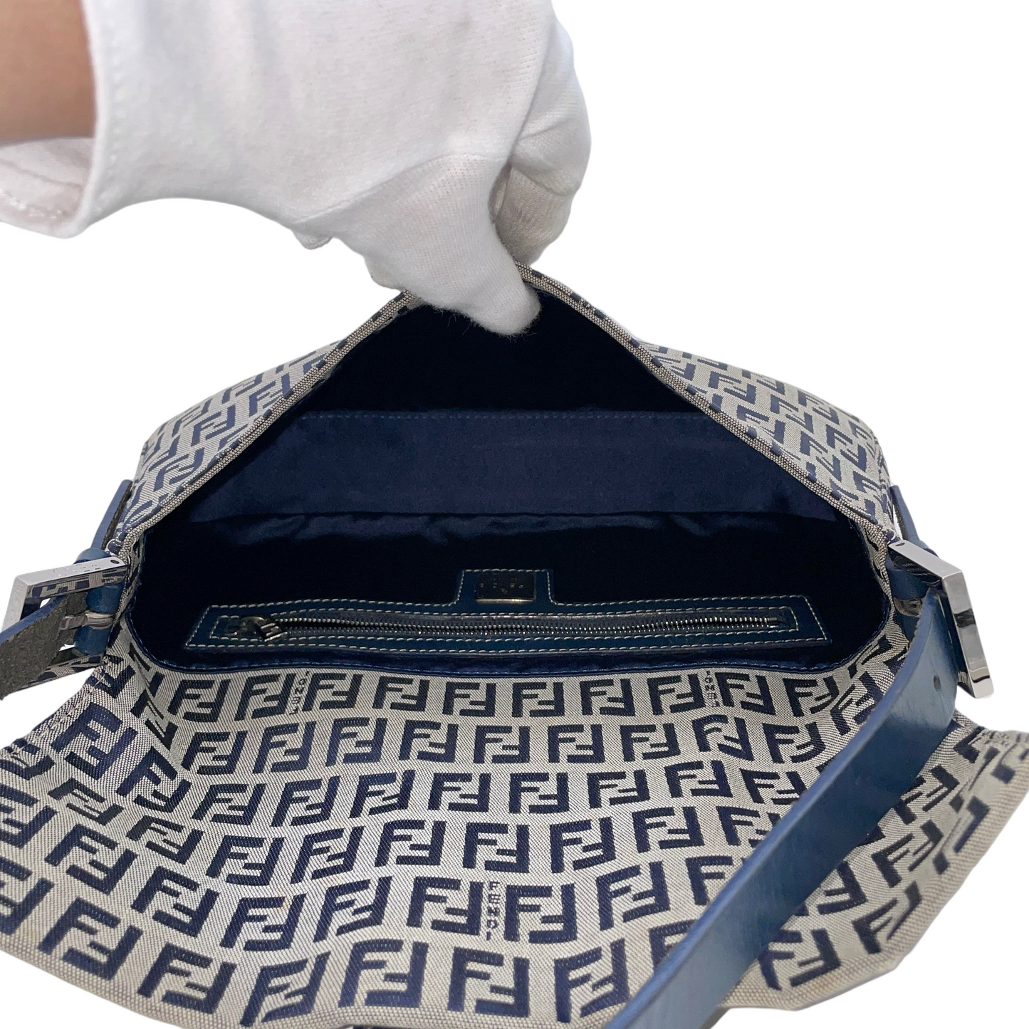 FENDI Zucchino Canvas Mamma Baguette PM Shoulder Bag Navy &amp; Silver