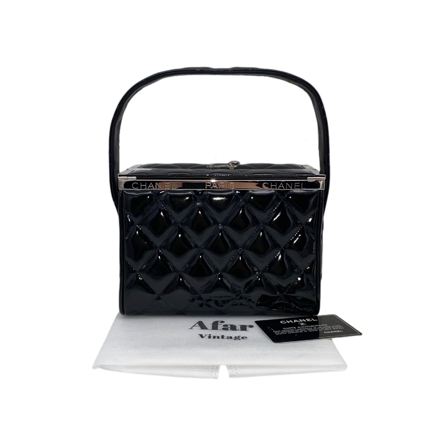 RARE☆☆☆CHANEL 1997 Matelassé Enamel Double Doors Vanity Hand Bag Black & Silver