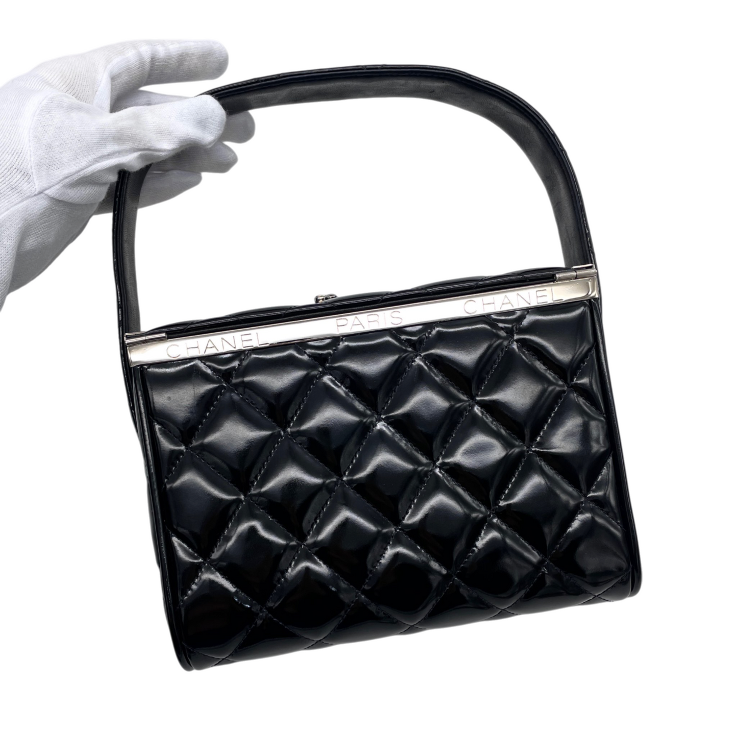 RARE☆☆☆CHANEL 1997 Matelassé Enamel Double Doors Vanity Hand Bag Black & Silver