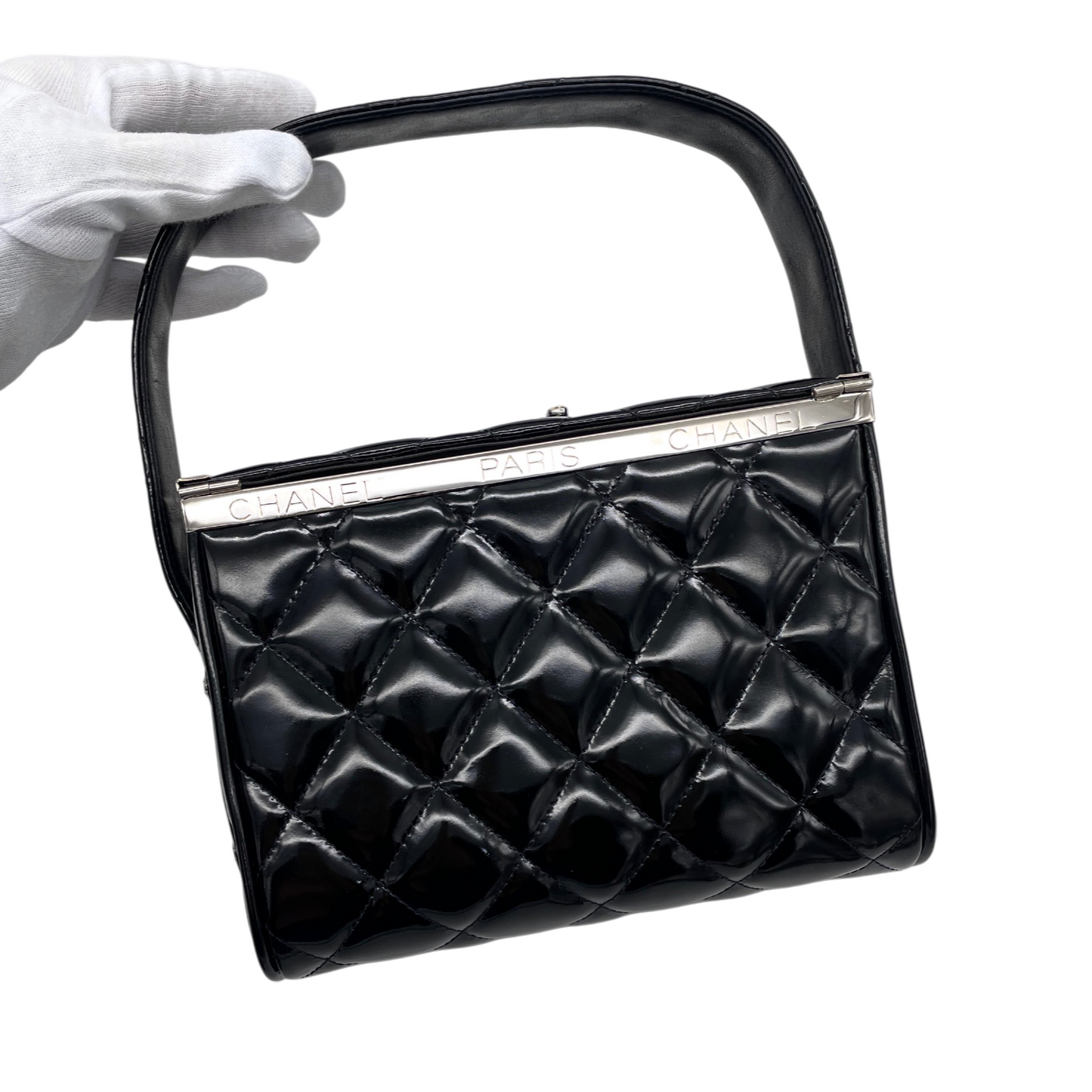 RARE☆☆☆CHANEL 1997 Matelassé Enamel Double Doors Vanity Hand Bag Black & Silver