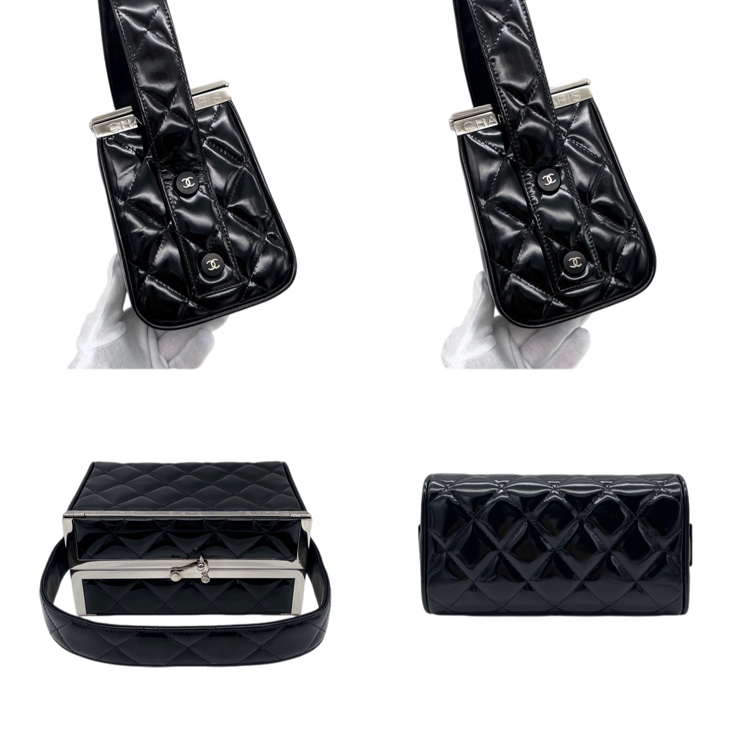 RARE☆☆☆CHANEL 1997 Matelassé Enamel Double Doors Vanity Hand Bag Black & Silver