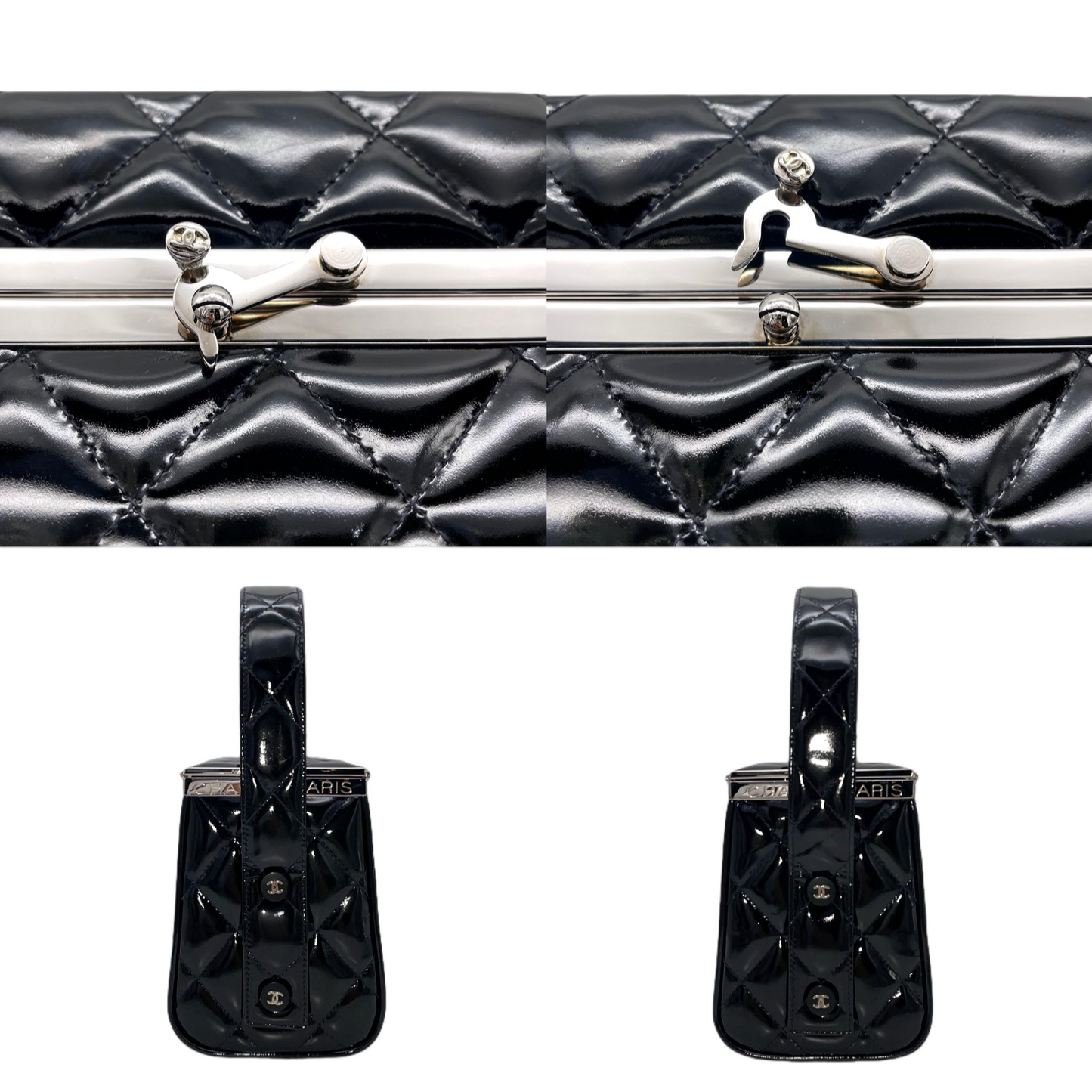 RARE☆☆☆CHANEL 1997 Matelassé Enamel Double Doors Vanity Hand Bag Black & Silver